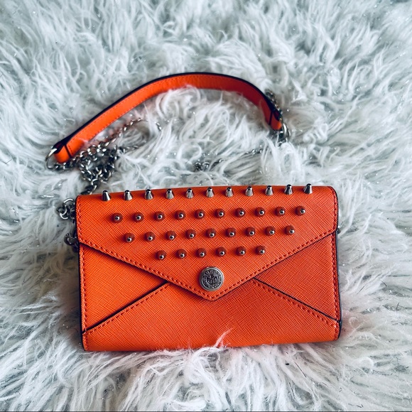 Rebecca Minkoff Leather Orange Studded Spiked on a Chain Wallet Clutch Purse - Picture 3 of 6